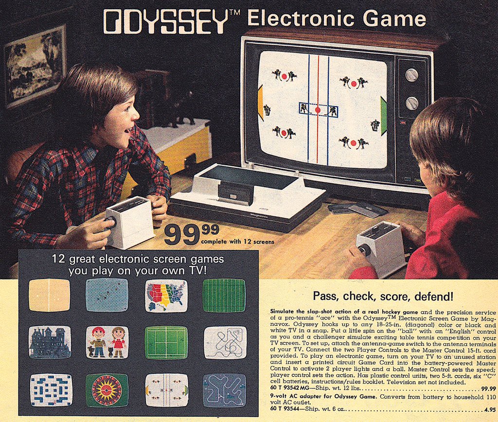 Anuncio mediático, probablemente en carteles publicitarios en los que se anunciaba la primera videoconsola del mundo, la Magnavox Odyssey a un precio de 99,99. Salen dos niños jugando con ella frente al televisor. Juegan al Hockey hielo