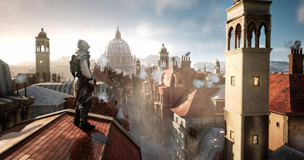 Protagonista asesino encima de un tejado en la ciudad de florencia en el videojuego Assassin's Creed II