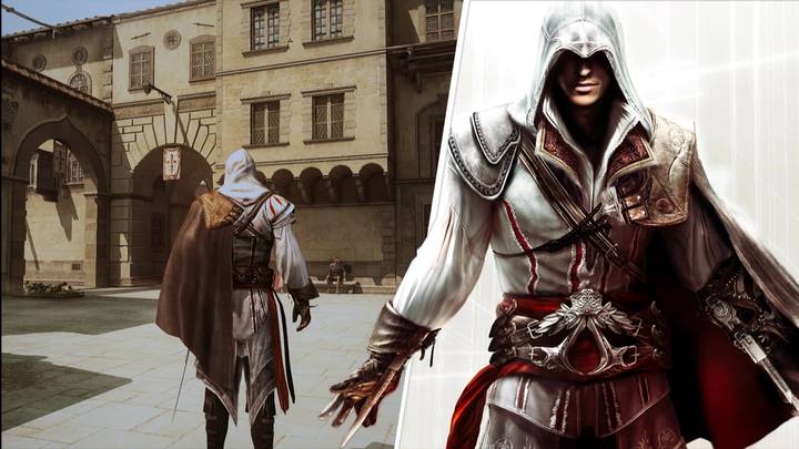 personaje de Ezio Auditore con su traje por delante y por detrás en el videojuego Assassin's Creed II