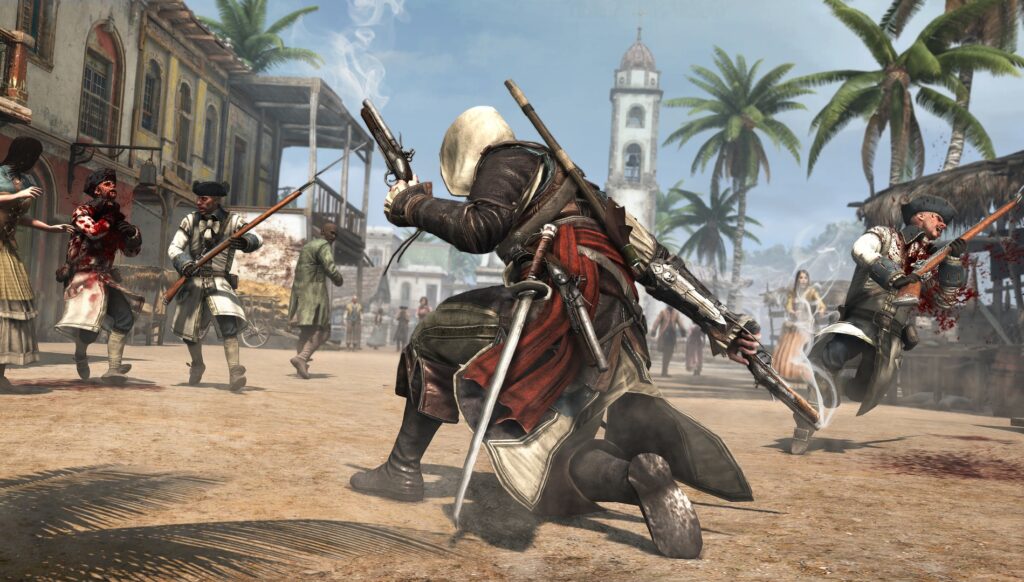 Personaje del videojuego Assassin's Creed IV: Black Flag luchando contra muchos soldados