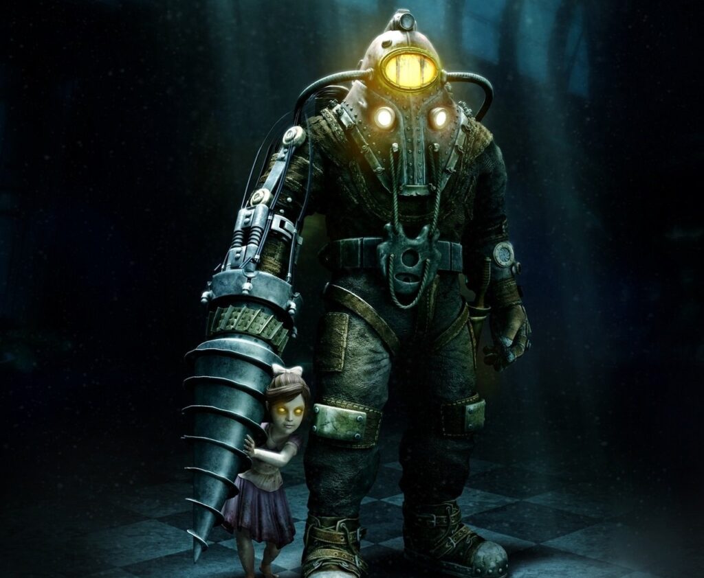 traje submarino con escafandra y taladro en la mano y niña fantasma del videojuego Bioshock