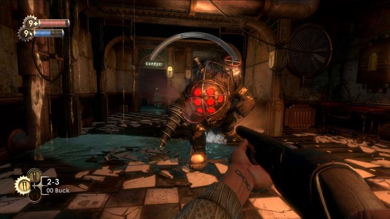 acción trepidante con armas de fuego contra los trajes con escafandras en el videojuego Bioshock