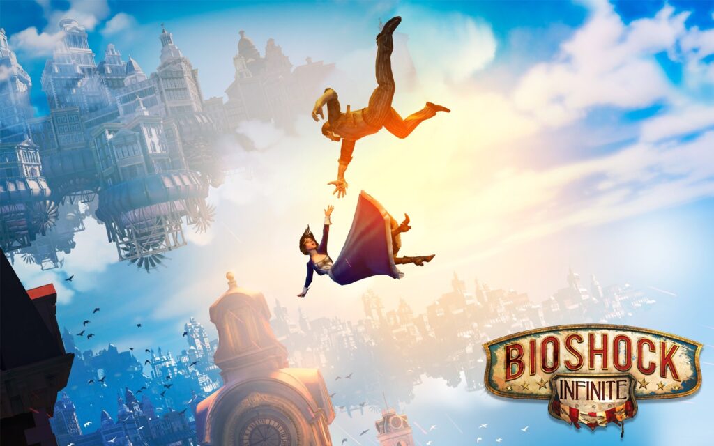 personajes principales, un hombre y una chica callendo al vacío en una ciudad flotante en el videojuego Bioshock Infinite