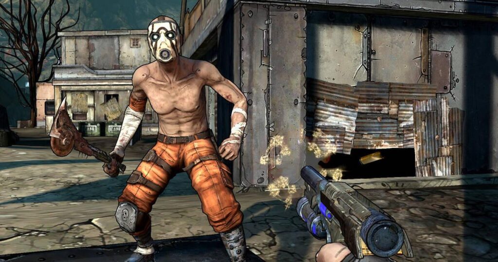 personaje principal que lleva un mono naranja y una máscara blanca que sale en la portada del videojuego Borderlands 2