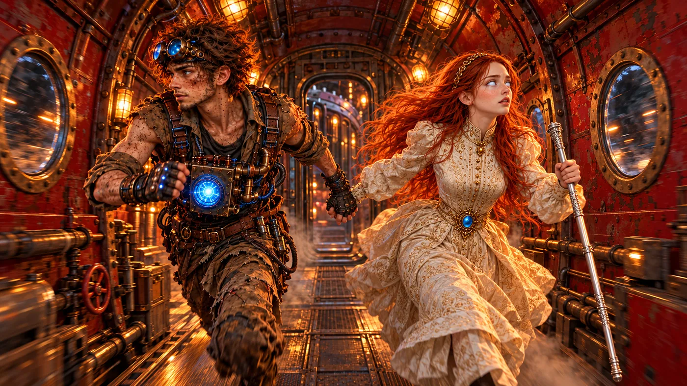 Scroch e Ixia huyen por un pasillo de hierro en Terrarium, novela steampunk de Nefta Nervo
